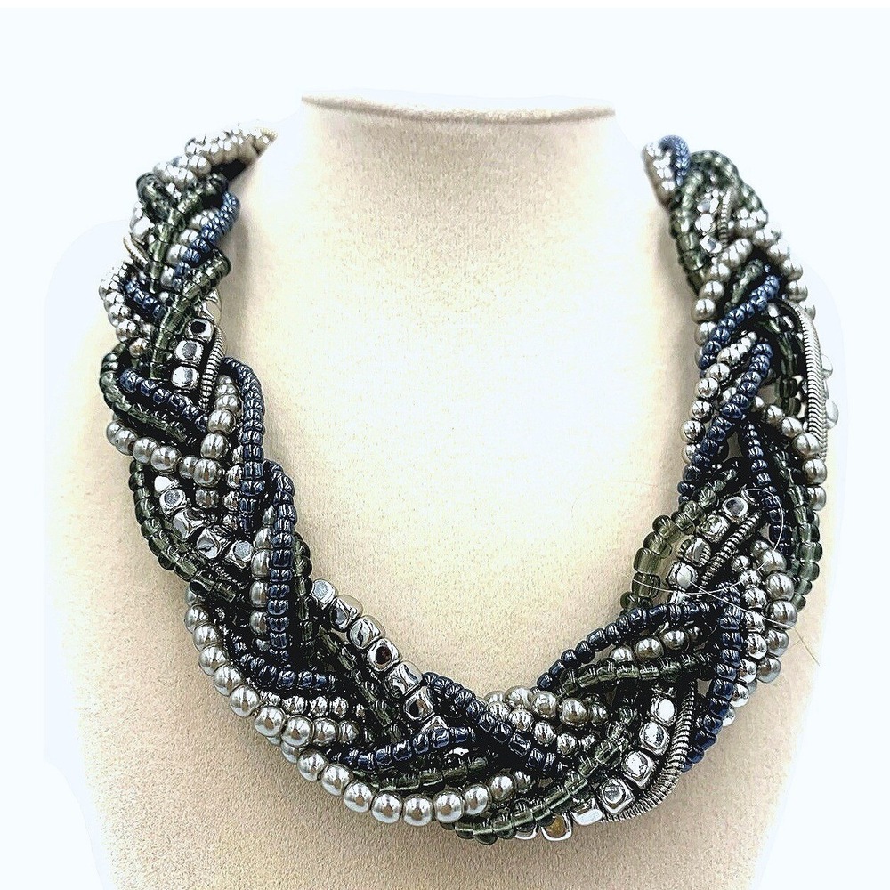 Premier Designs Interwoven Multi Strand Braided‎ Beaded Bib Necklace Blue Green